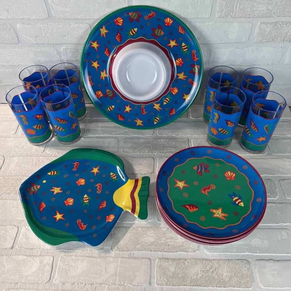 Vintage 1992 Leahy Designs Set Plastic Fish Glasses Plates Serving Dishes RARE